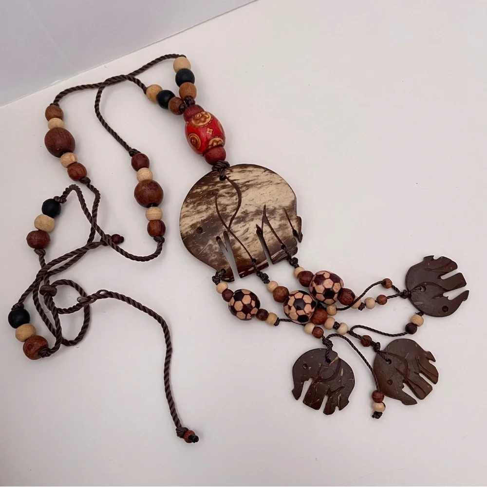 Vintage WOOD African Elephant Summer Boho Festival Maximalist Oversized Necklace - Picture 2 of 10